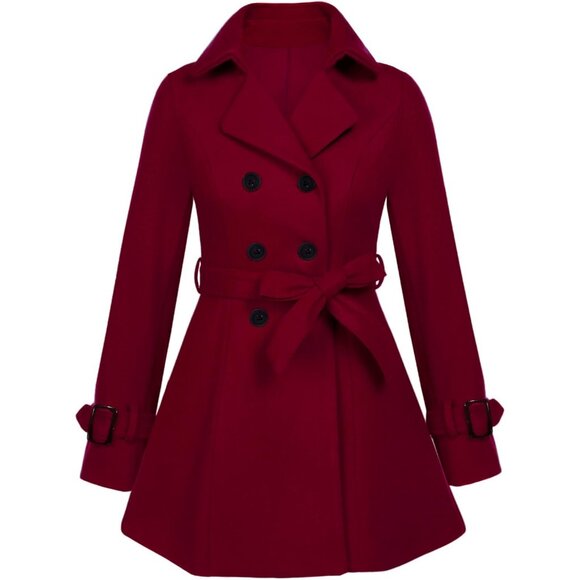 Women's Z-wine Red Zeagoo Winter Trench Coat Faux Fur Lapel Double Breasted - Picture 1 of 5
